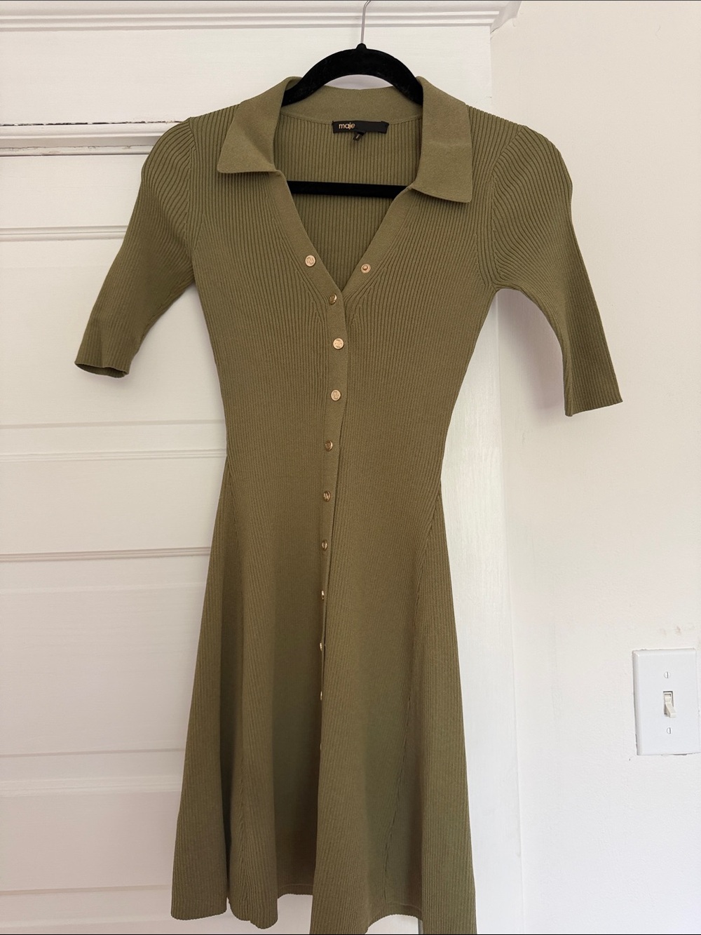 Maje Olive Ribbed Button-Front Midi Dress